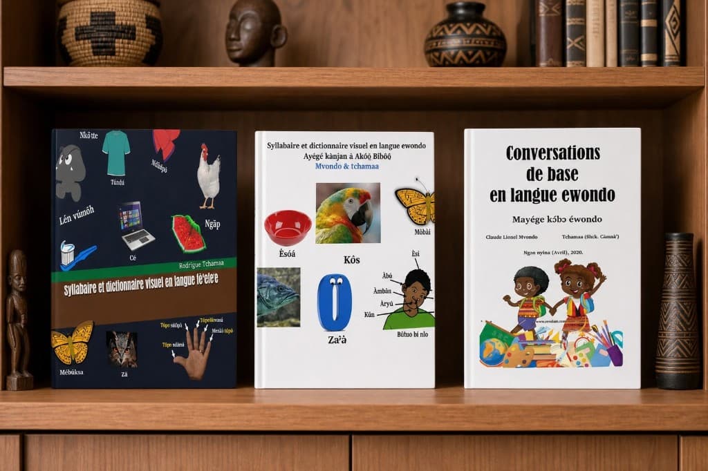 Fè'éfě'è and Ewondo visual dictionaries and conversation guides on a bookshelf