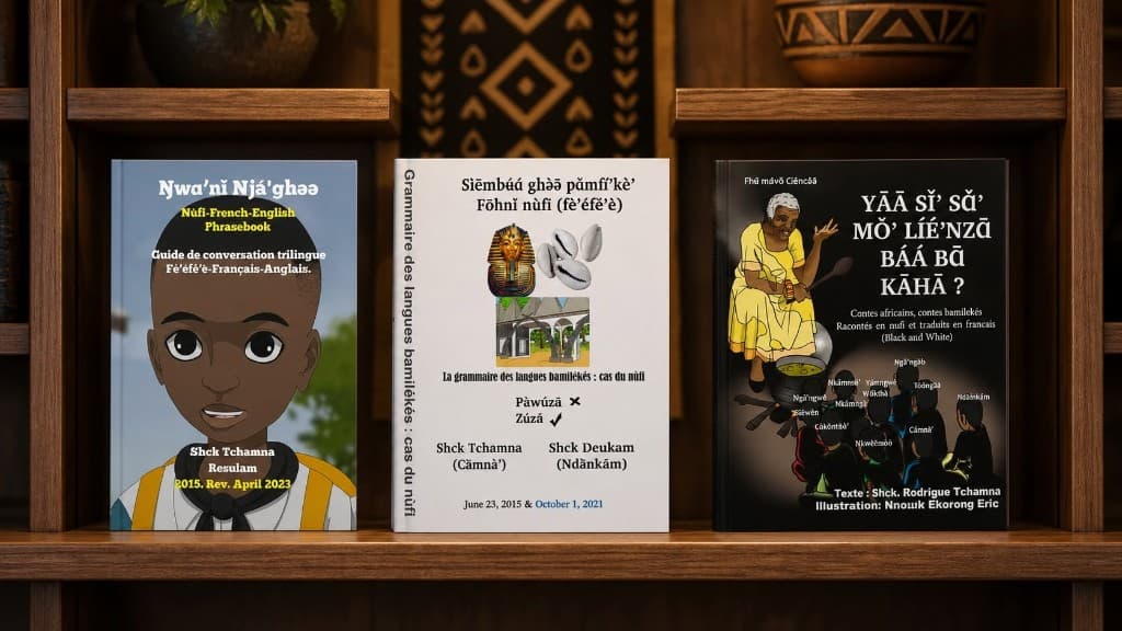 Nufi phrasebook, grammar, and Bamileke tales on a bookshelf